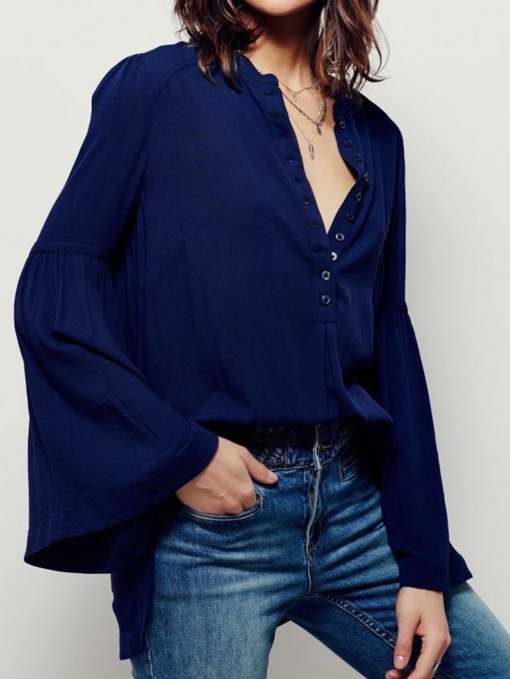 Free People Easy Girl Belle Sleeve Boho Top Size XS Navy Festival